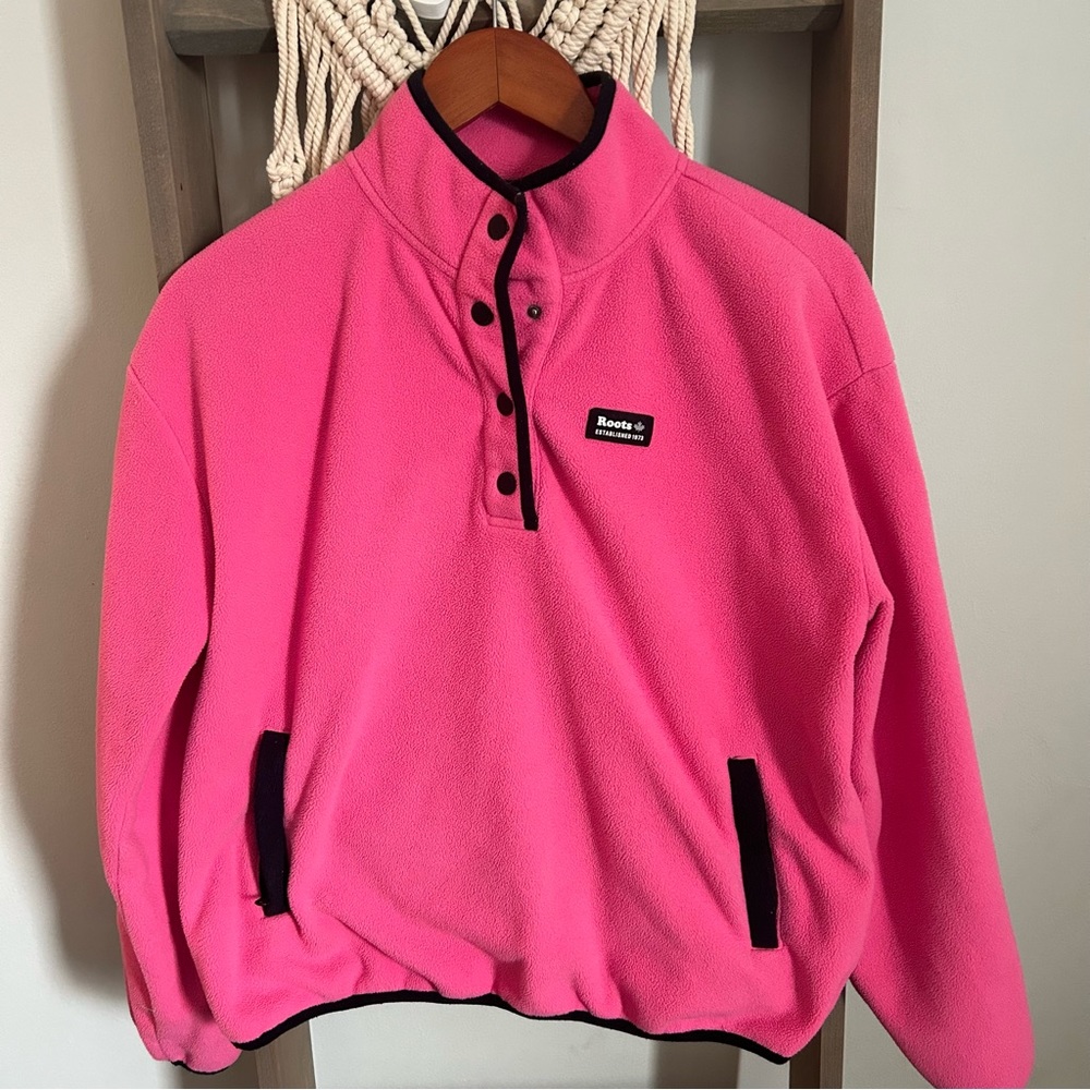 Roots fleece Sherpa Pullover Sweater Snap Pink